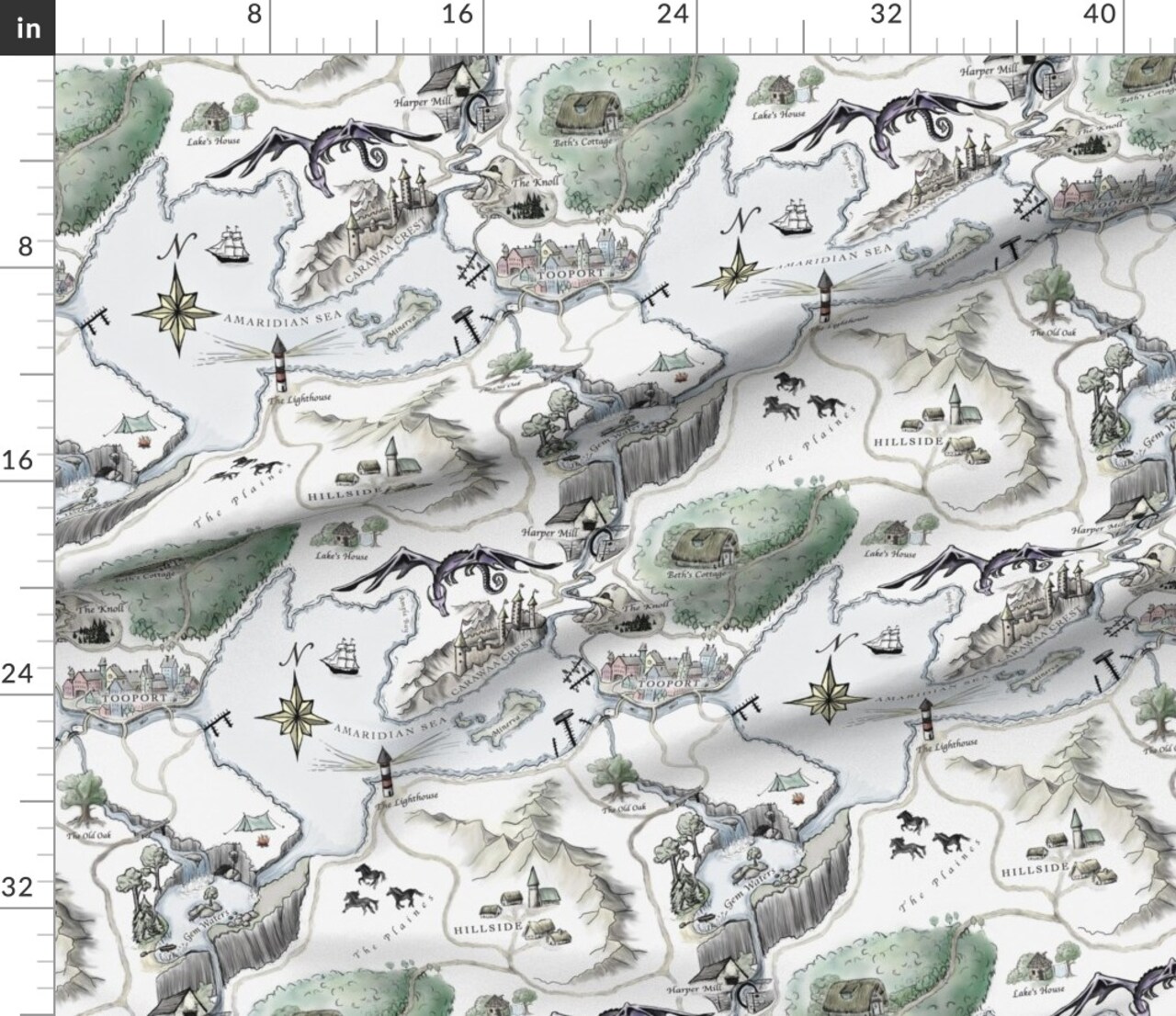 Various Fabrics by the Yard or Fat Quarter Adventure Map Dragon Castle Kids Medieval Fantasy Magical Lake Ocean Custom Printed Fabric by Spoonflower